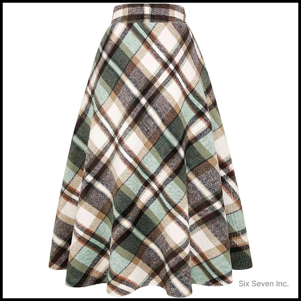 Wool Plaid A-Line Skirt High Waist Pleated Midi Vintage Fall Winter Elegant